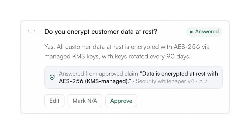 A security questionnaire answer filled from an approved claim, source attached